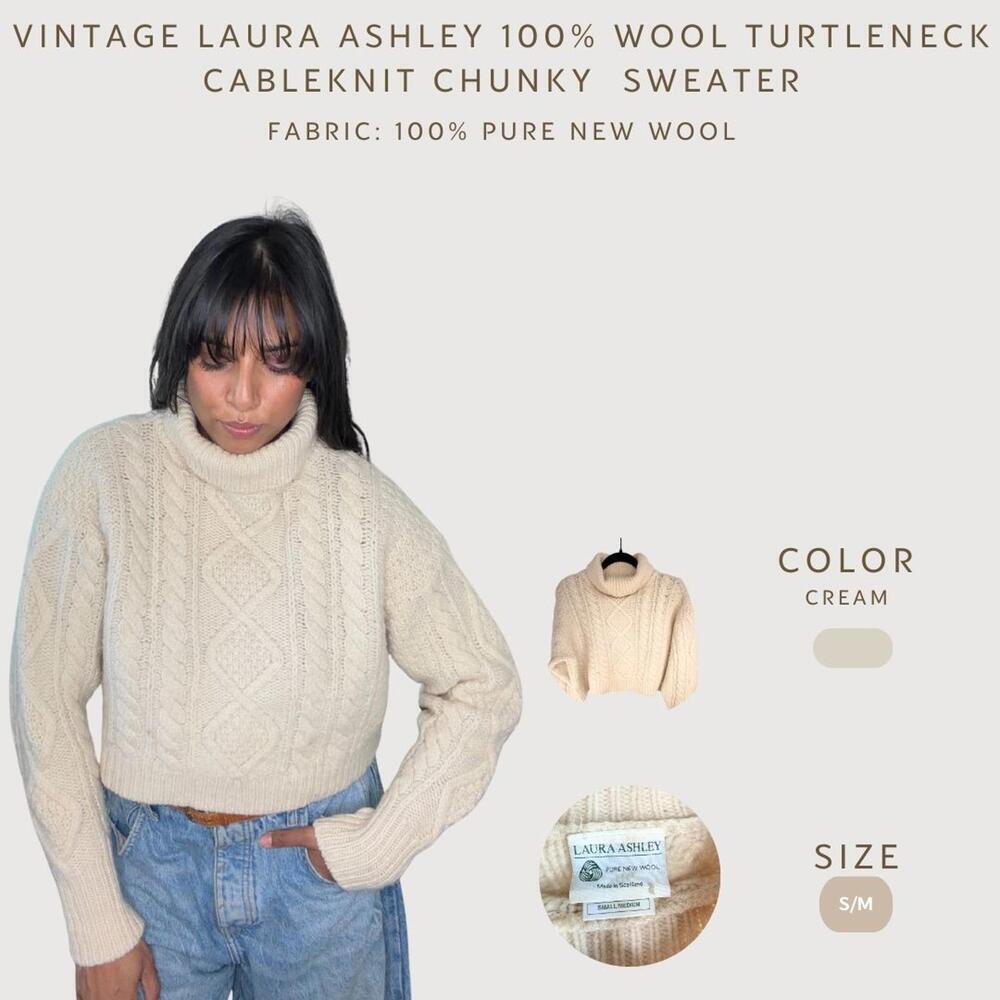 Vintage Laura Ashley 100% Wool Cable Knit Turtleneck Sweater Cream Chunky S/M